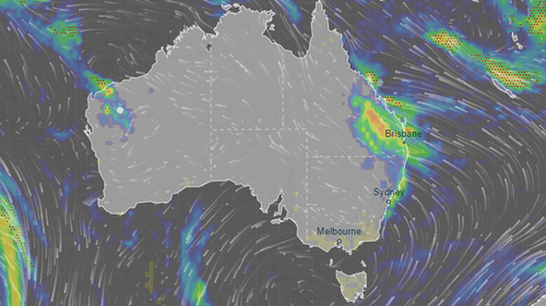 Rain modelling shows showers will be at their heaviest in Sydney and Brisbane on Saturday. 
