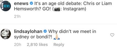 Lindsay Lohan, Liam Hemsworth, comment, Instagram