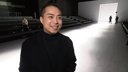 Chris Ran Lin, 32, showcased his men's knitwear at Fashion Week's St George NextGen show today. (9NEWS)