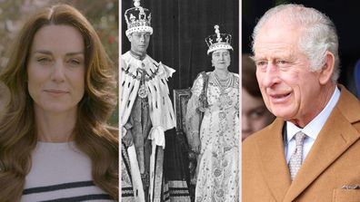 The Princess of Wales, King George VI and the Queen Mother, and King Charles III