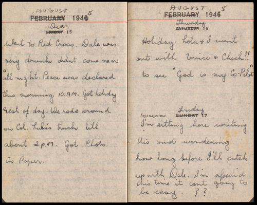 An excerpt from Daphne's diary the day "peace was declared" in August 1945.