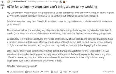 Bride explains wedding problem stepsister on Reddit