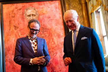 Artist Jonathan Yeo and King Charles III at the unveiling of artist Yeo&#x27;s portrait of the King, in the blue drawing room at Buckingham Palace, London.