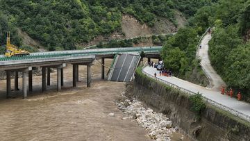 A collapsed bridge in Zhashui County in Shangluo City, northwest China&#x27;s Shaanxi Province