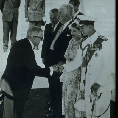 Doctor Herbert Evatt, Rosalind Carrodus' father, meeting Prince Philip and the Queen, 1954.