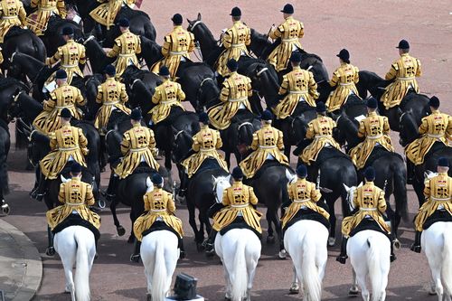 Members of Band of the Household Cavalry take part in the Queen's Birthday Parade, the Trooping the Color in London, Wednesday, June 2, 2022, on the first of four days of celebrations to mark the Platinum Jubilee. The events over a long holiday weekend in the U.K. are meant to celebrate the monarchs 70 years of service. (Paul Ellis/Pool Photo via AP)