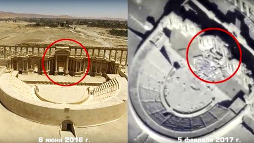 Russian Defense Ministry photo of Roman-era amphitheater on June 6 2016 (left) and on February 5 2017 (right). (AP)