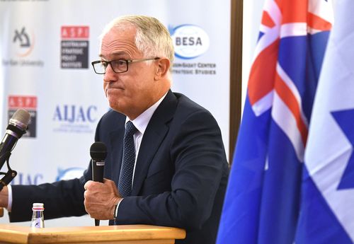 Malcolm Turnbull speaks at the Australian Strategic Policy Institute event in Tel Aviv, Israel, yesterday during his visit to mark the 100th anniversary for the battle of Beersheba. (AAP)