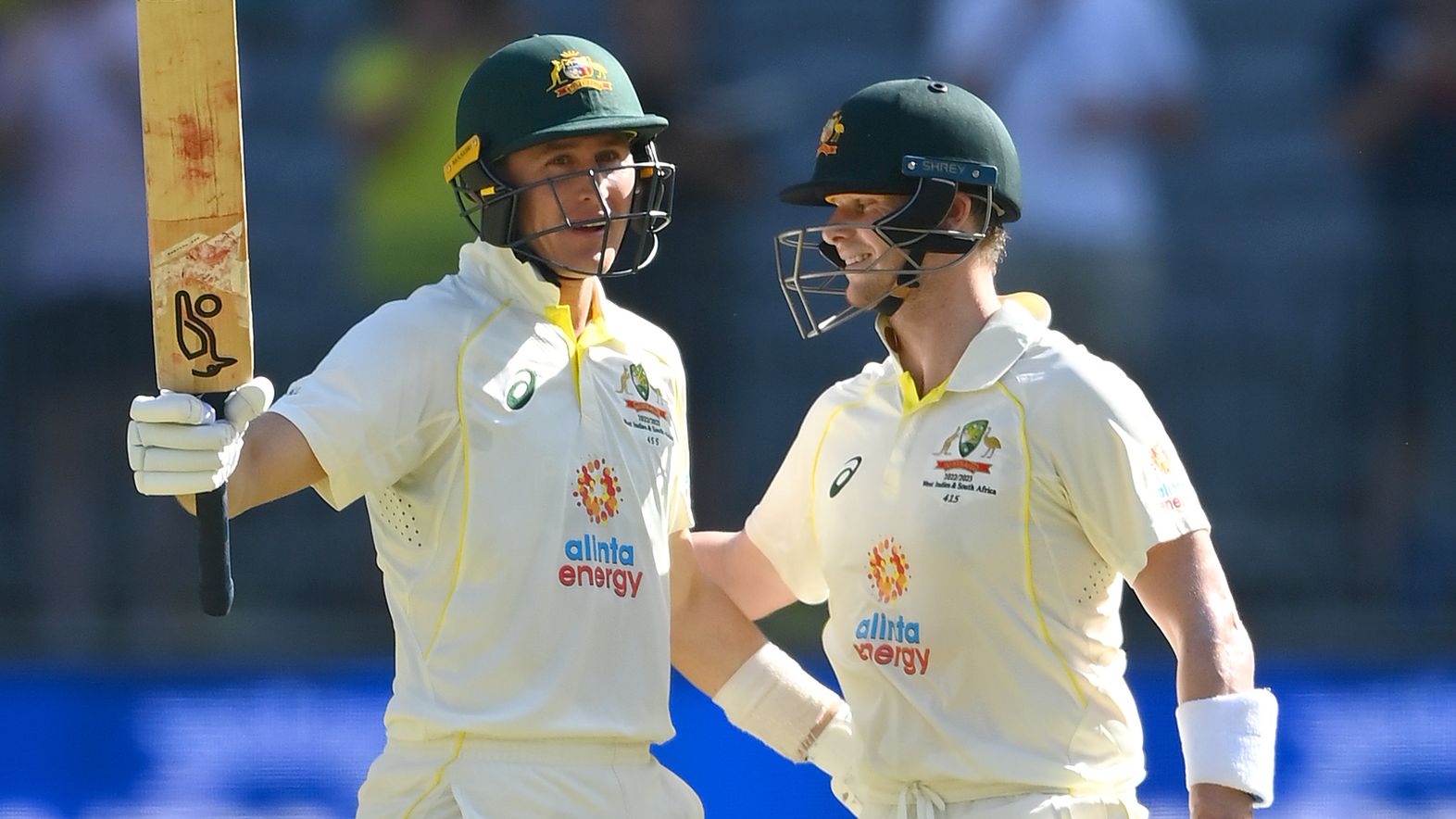 Marnus Labuschagne of Australia is congratulated by Steve Smith after making his century. (Photo by Quinn Rooney - CA/Cricket Australia via Getty Images)