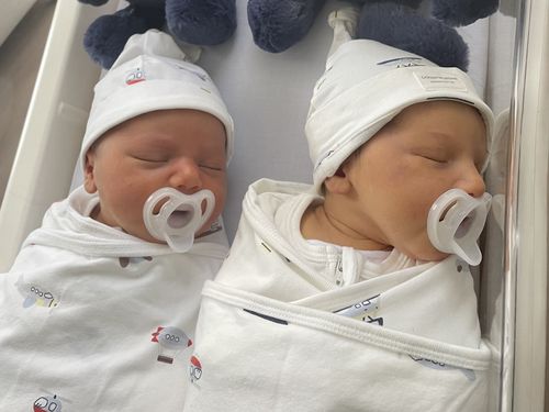 Identical twins Gillianne Gogas and Nicole Patrikakos were born together - and now the sisters have given birth together in mind-bogging synchronicity.