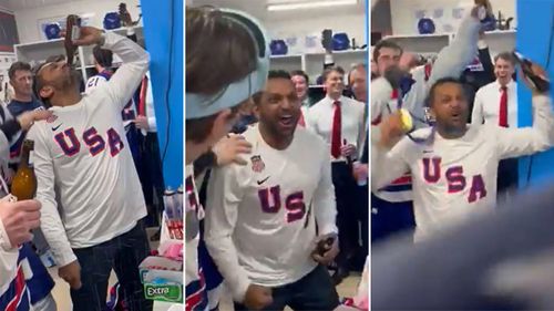 Kash Patel celebrating with America's ice hockey team at the Olympics.
