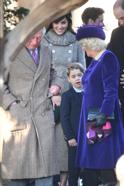 Prince George pictured with his grandfather, the Prince of Wales and the Duchess of Cornwall after service.