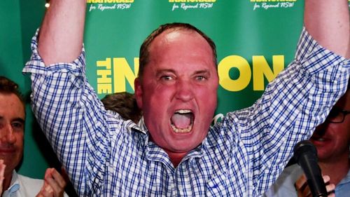 Barnaby Joyce celebrates his victory. (AAP)