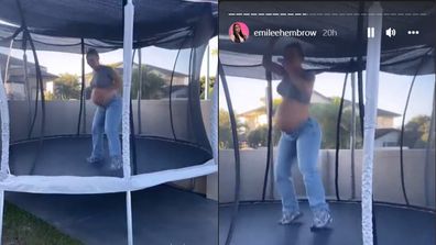 Pregnant tammy Hembrow jumping on a trampoline to induce labour.