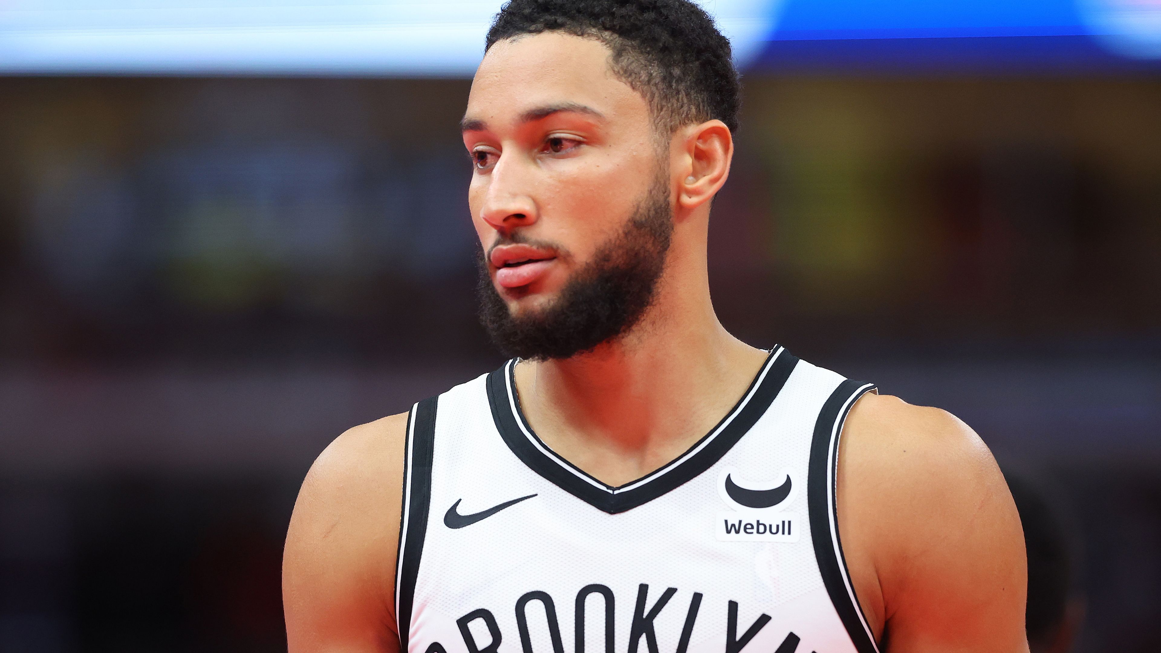 CHICAGO, ILLINOIS - NOVEMBER 03: Ben Simmons #10 of the Brooklyn Nets looks on against the Chicago Bulls in the first half of the NBA In-Season Tournament at the United Center on November 03, 2023 in Chicago, Illinois. NOTE TO USER: User expressly acknowledges and agrees that, by downloading and or using this photograph, User is consenting to the terms and conditions of the Getty Images License Agreement. (Photo by Michael Reaves/Getty Images)