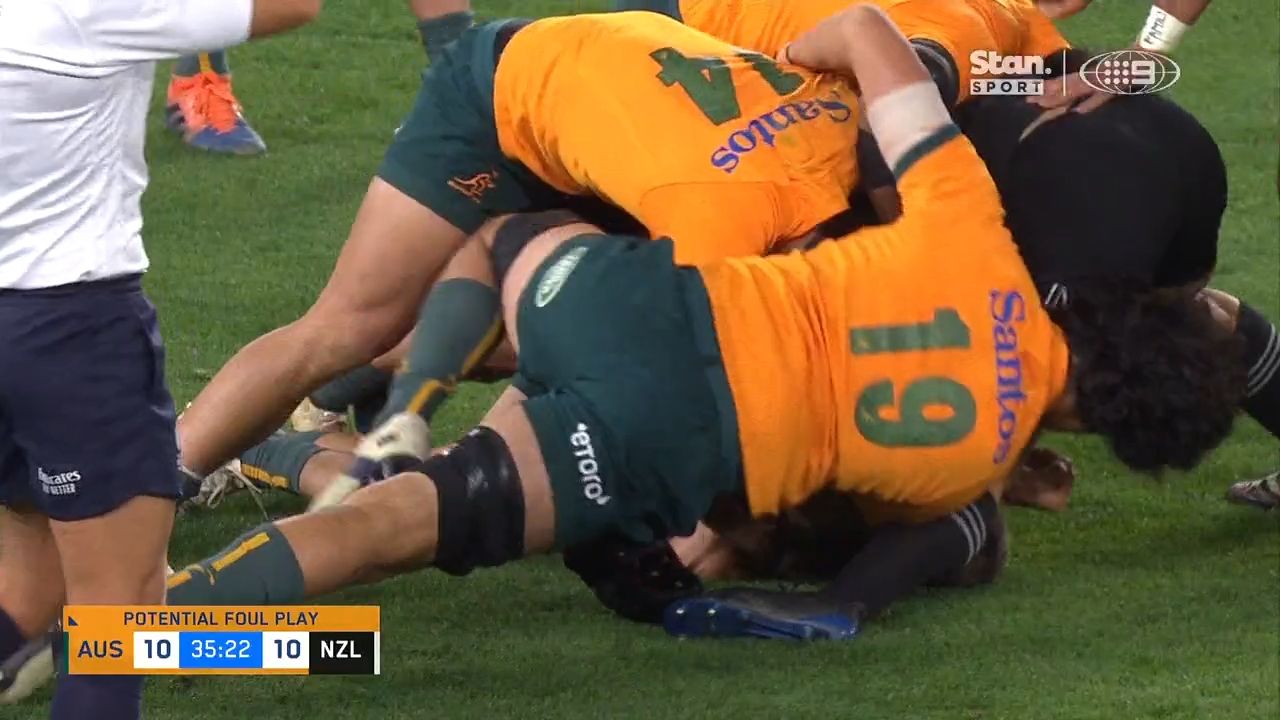 Wallabies reduced to 13 men after ugly clean out leaves All Blacks centre in agony