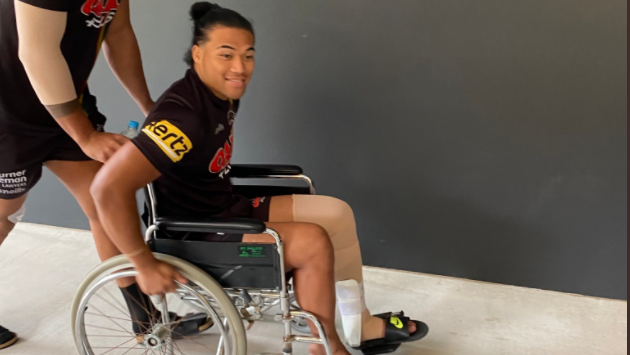 Penrith winger Brian To&#x27;o rocked up to media day in a wheelchair.