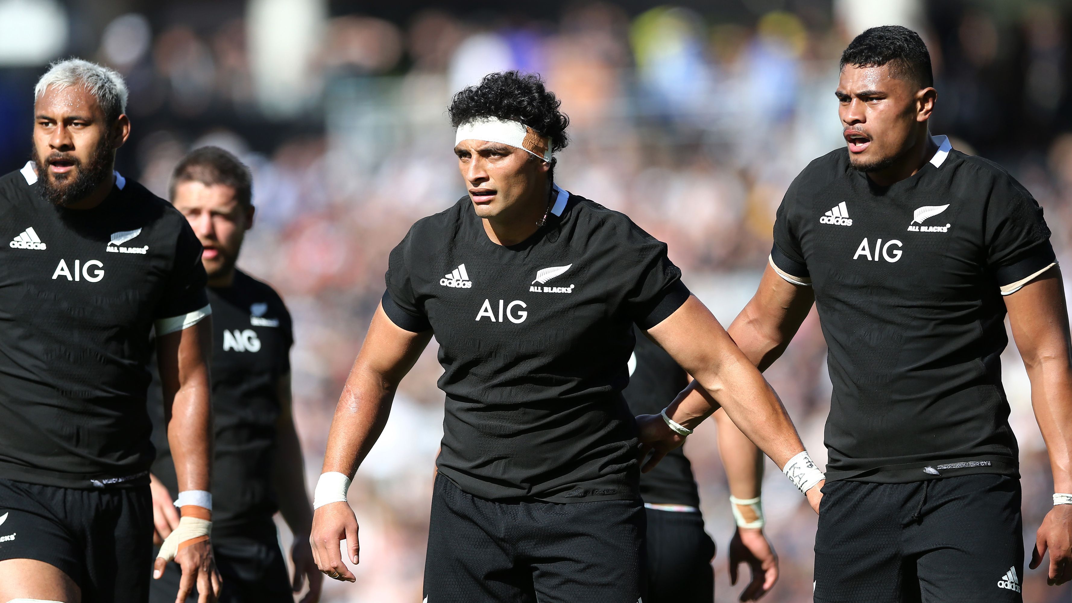 Alex Hodgman (centre) of the All Blacks looks on during the Bledisloe Cup match against the Wallabies in 2020.
