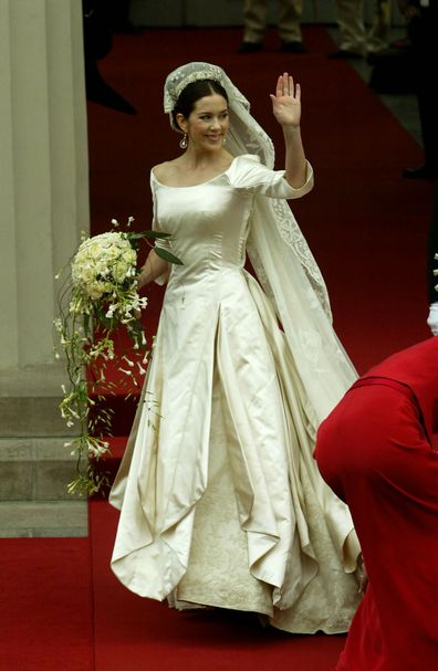 Mary Donaldson (Princess Mary) arrives at Copenhagen Cathedral for her wedding to Crown Prince Frederik in Denmark on May 14, 2004