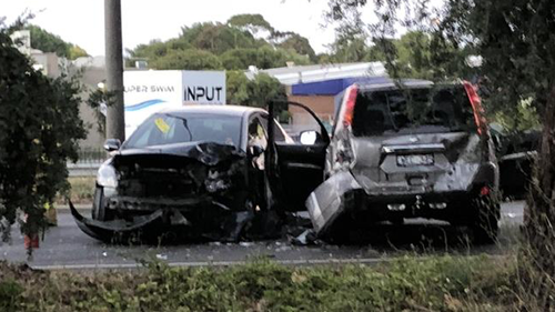 Grimsy and Wells rammed a police car with a stolen Nissan in January before crashing it head-on into another vehicle and then stealing two more cars, including Ms Hall's. Picture: 9NEWS.