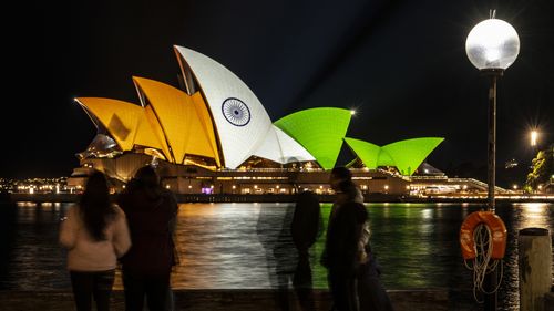 NEWS: The NSW government commemorates the 75th anniversary of India's independence by lighting up the sails of the Sydney Opera House. 15th August 2022, Photo: Wolter Peeters, The Sydney Morning Herald.