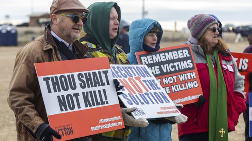 Protesters gather outside of the Idaho Maximum Security Institution in Kuna to protest the death penalty, Wednesday, February 28, 2024. 