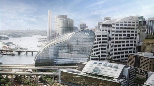 Artist's impression of the Ribbon W Hotel being constructed at Darling Harbour.  Photo: Supplied