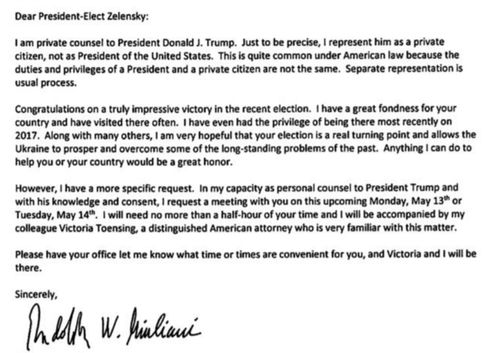 A letter from Rudy Giuliani requesting a meeting with Volodymir Zelensky in his capacity of Donald Trump's private counsel.