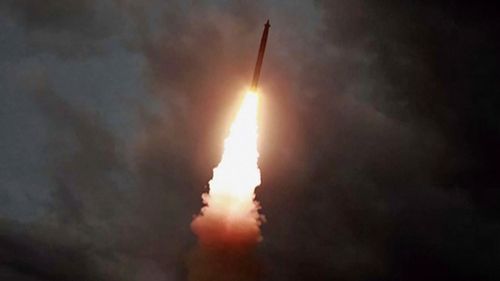 A rocket soaring during a test in North Korea. 