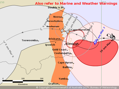 Cyclone Alfred forecast track map Issued at 9:04 am AEST Friday 7 March 2025. Refer to Tropical Cyclone Advice Number 28.