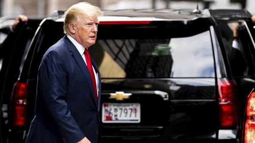 Former President Donald Trump departs Trump Tower, Wednesday, Aug. 10, 2022, in New York, on his way to the New York attorney general's office for a deposition in a civil investigation. (AP Photo/Julia Nikhinson)