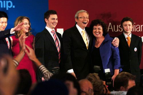 Labor Party Leader Kevin Rudd and wife Therese Rein with children (from left) Jessica, Nicholas and Marcuscelebrate election victory in 2007.