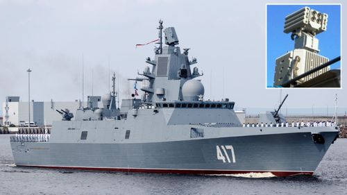 The Russian Navy frigate Admiral Gorshkov and, inset, the 5P-42 Filin – a futuristic dazzler-type device - fitted to the ship.