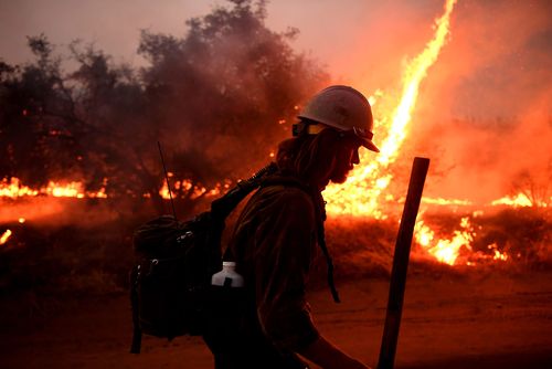 A firefighter helps to set back fires as the El dorado Fire approaches.