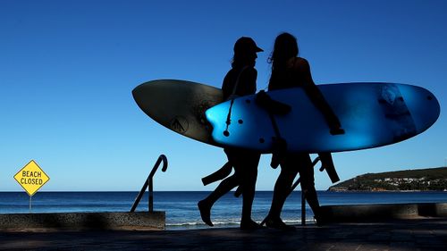 Surfers walk past a 'Beach Closed' sign at Manly Beach in Sydney.