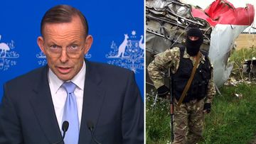 Prime Minister Tony Abbott at today's media conference, and a rebel at the MH17 crash site.