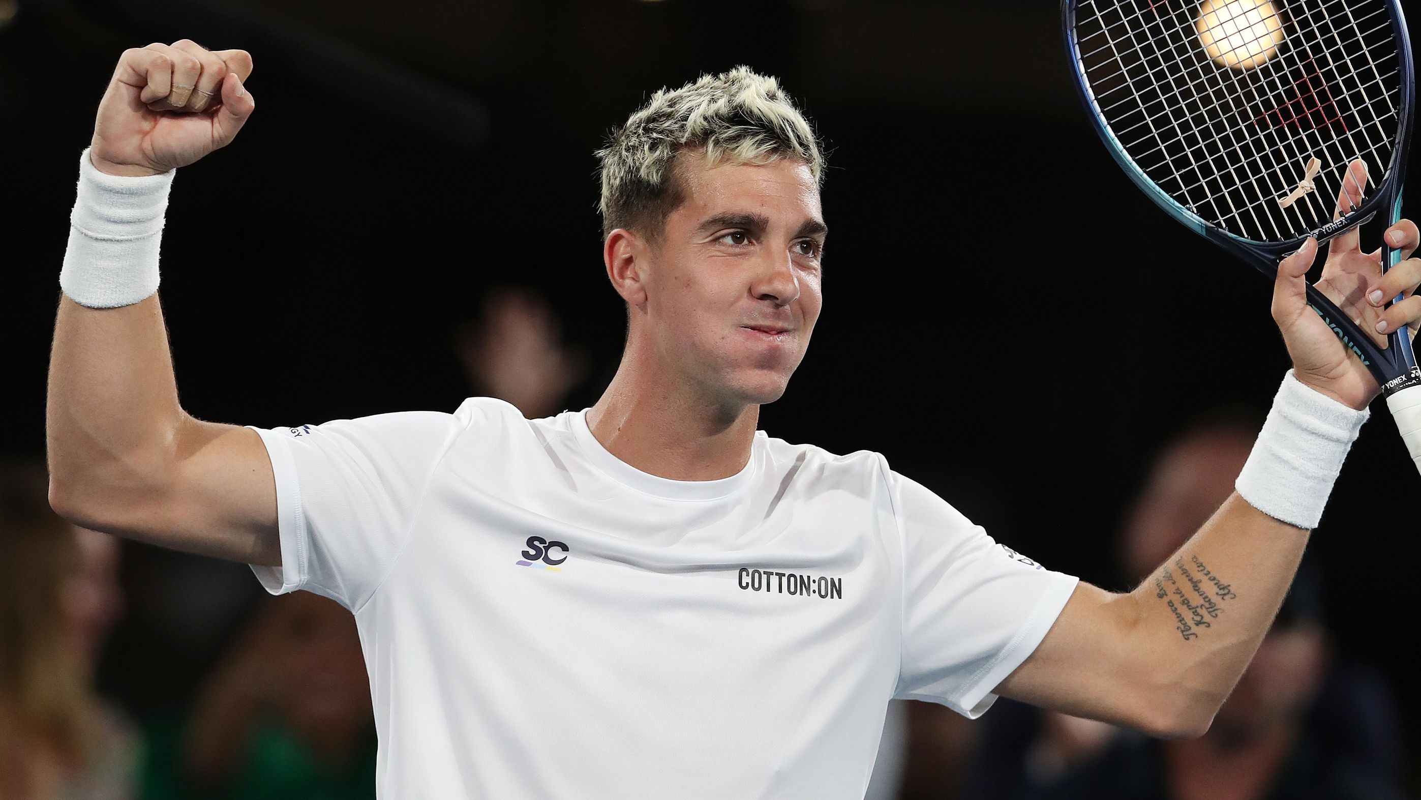 ADELAIDE, AUSTRALIA - JANUARY 09:  Thanasi Kokkinakis of Australia celebrates his win  against Alexei Popyrin of Australia during day one of the 2023 Adelaide International at Memorial Drive on January 09, 2023 in Adelaide, Australia. (Photo by Sarah Reed/Getty Images)