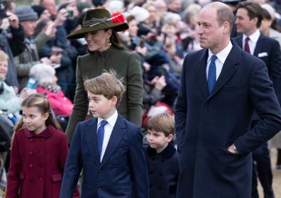 SANDRINGHAM, NORFOLK - DECEMBER 25: Prince William, Prince of Wales and Catherine, Princess of Wales with Prince George of Wales, Princess Charlotte of Wales and Prince Louis of Wales attend the Christmas Day service at St Mary Magdalene Church on December 25, 2022 in Sandringham, Norfolk. King Charles III ascended to the throne on September 8, 2022, with his coronation set for May 6, 2023. (Photo by UK Press Pool/UK Press via Getty Images)