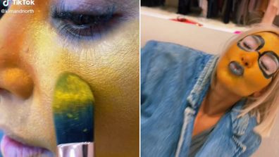 Kim Kardashian being transformed into a minion with makeup.
