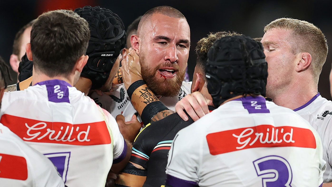 Nelson Asofa-Solomona in the thick of a scuffle in the Storm&#x27;s preliminary final loss to the Panthers in 2023.
