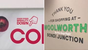 A Sydney artist protested the major supermarkets&#x27; profits by graffiting over their logos.