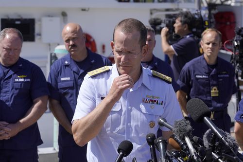 US Coast Guard Rear Adm. John Mauger, commander of the First Coast Guard District, talks to the media, Thursday, June 22, 2023, at Coast Guard Base Boston, in Boston.