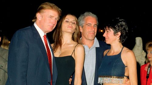 Donald Trump with billionaire sex offender Jeffrey Epstein in 2000, with their respective partners Melania Knauss (now Trump) and Ghislaine Maxwell at the president's Mar-a-Lago club in Florida.