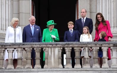 Camilla, Duchess of Cornwall, Prince Charles, Prince of Wales, Queen Elizabeth II, Prince George of Cambridge, Prince William, Duke of Cambridge, Princess Charlotte of Cambridge, Catherine, Duchess of Cambridge and Prince Louis of Cambridge on the balcony of Buckingham Palace during the Platinum Jubilee Pageant on June 05, 2022 in London, England. The Platinum Jubilee of Elizabeth II is being celebrated from June 2 to June 5, 2022, in the UK and Commonwealth to m