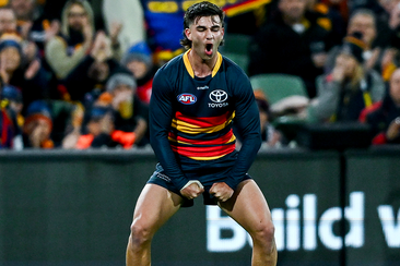 Josh Rachele celebrates a goal during the round 18 AFL match between the Adelaide Crows and GWS Giants.