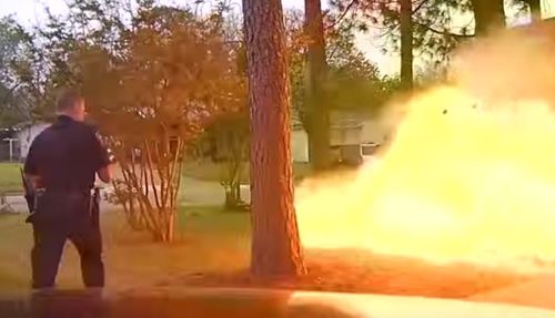 The ruptured gas line caused fumes to build up in the home before erupting in a giant explosion that sent debris flying.  

