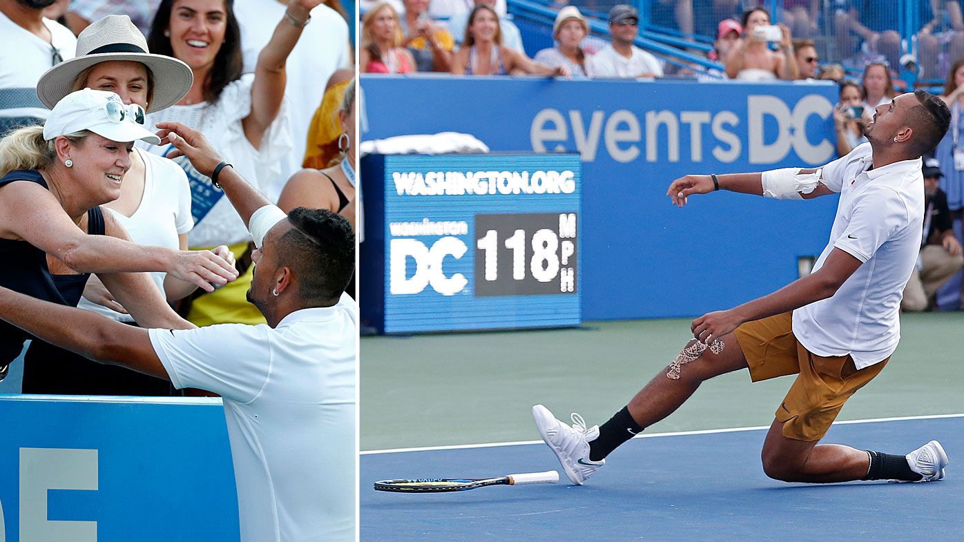 Nick Kyrgios thanks a fan for her advice on where to serve on match point after winning the Washington Open