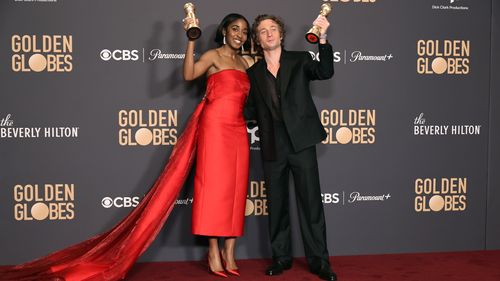 Ayo Edebiri, winner of the Best Performance by a Female Actor in a Television Series  Musical or Comedy award for "The Bear," and Jeremy Allen White, winner of the Best Performance by a Male Actor in a Television Series  Musical or Comedy award for "The Bear."