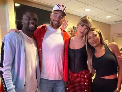 Ayan Broomfield and partner Frances Tiafoe with Taylor Swift and Travis Kelce at a recent NFL game.