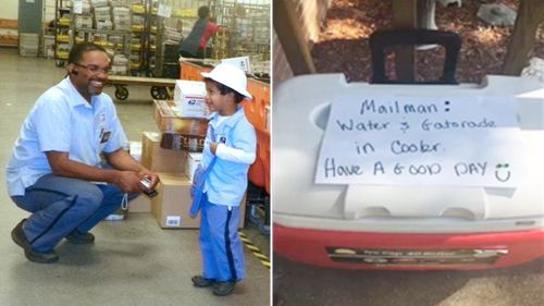 Mailman Henry Bailey and eight-year-old Carmine McDaniel; the esky left on the family's porch. (Facebook/Terra McDaniel)